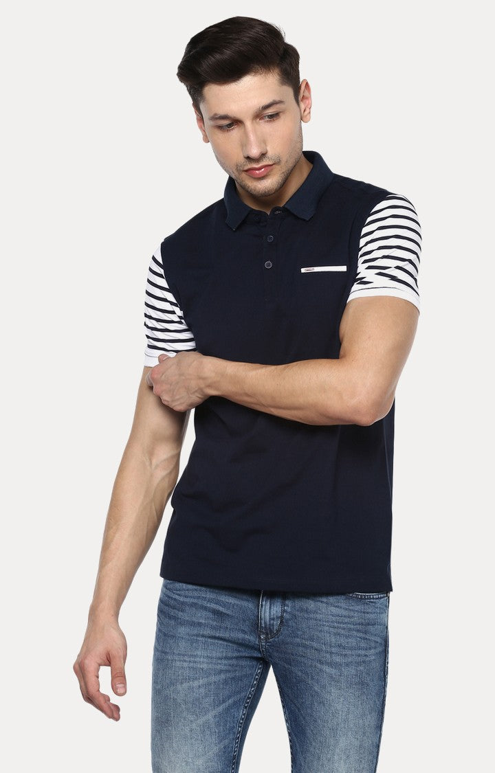 Spykar Navy Blue Solid Slim Fit Polo T-Shirt