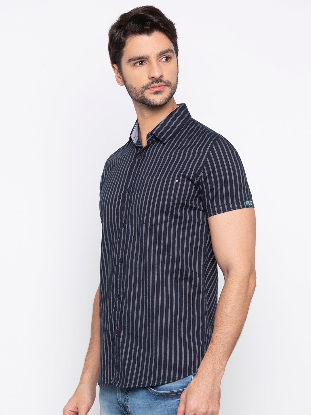 Spykar Men Navy Striped Slim Fit Casual Shirt