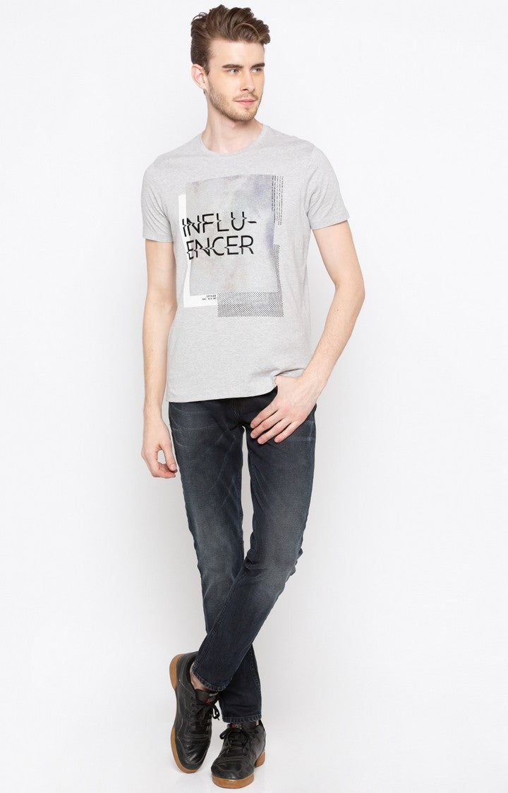 Spykar Men Grey Cotton Slim Fit Round Neck T-Shirt