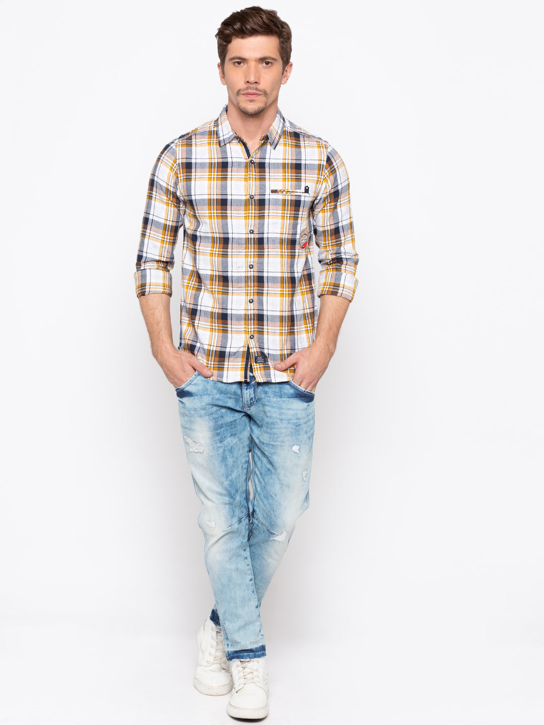 Spykar Men Mustard Checked Slim Fit Casual Shirt