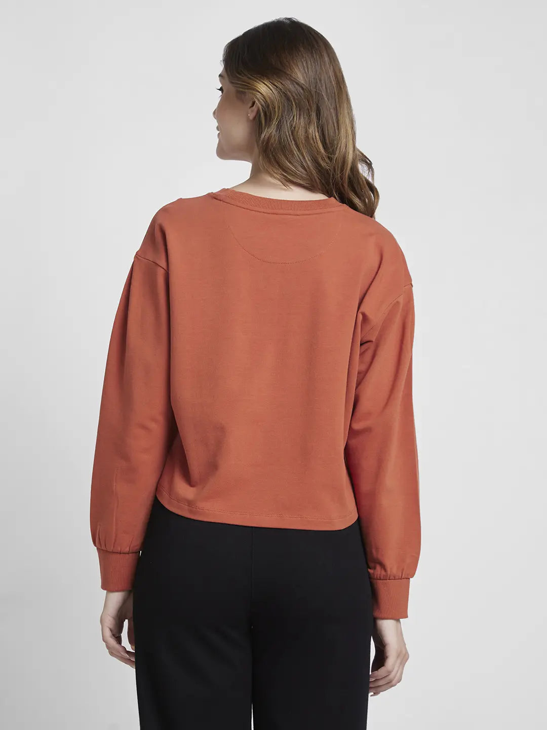 Spykar Women Terracotta Blended Boxy Fit Round Neck Printed Crop Sweatshirt