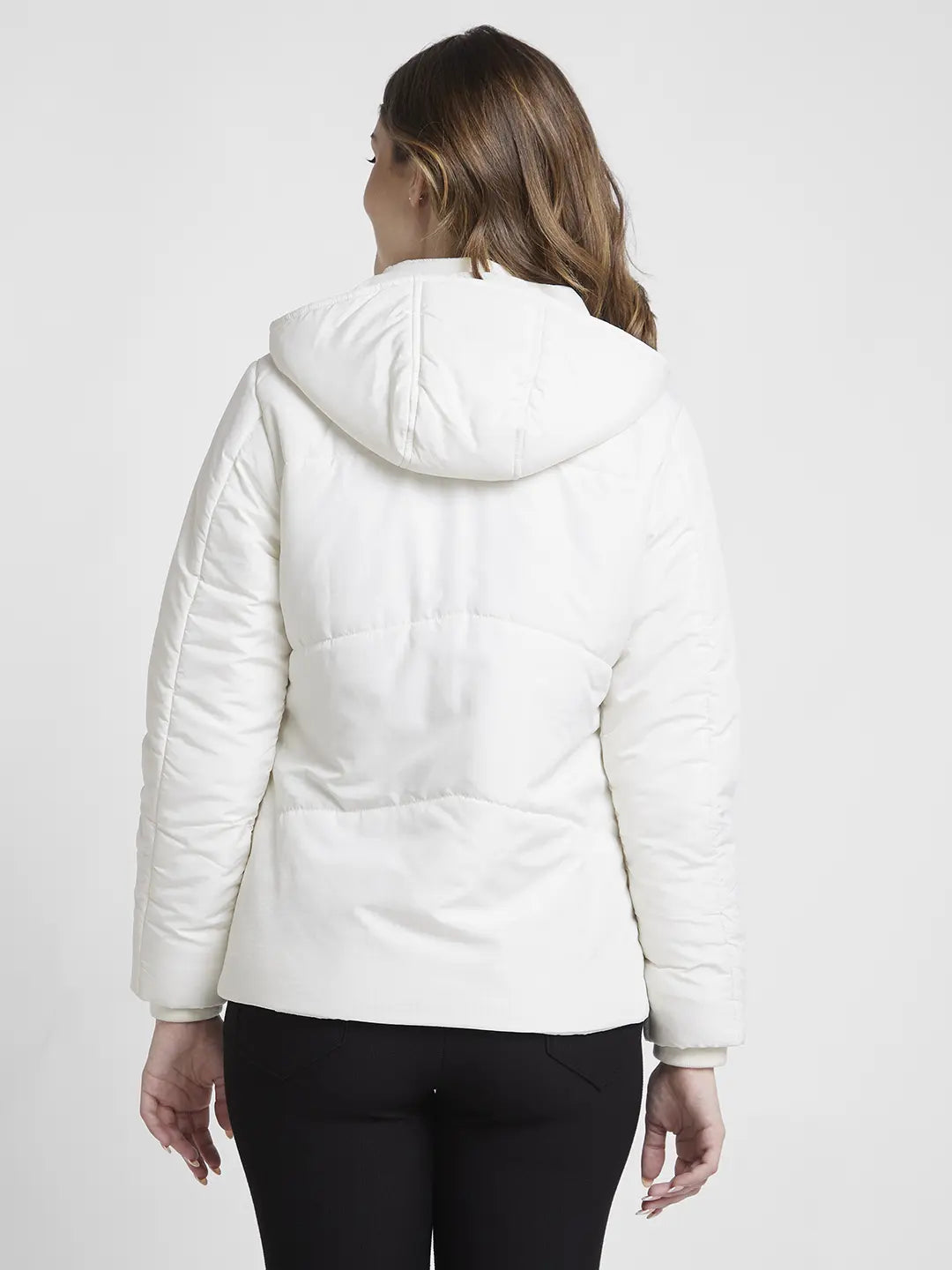 Spykar Women Off White Regular Fit Hooded Plain Jacket