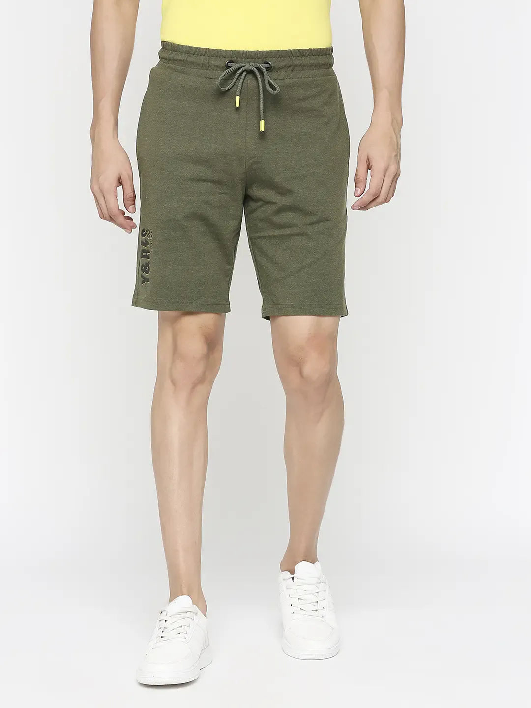 Spykar Men Olive Melange Cotton Regular Fit Knitted Shorts