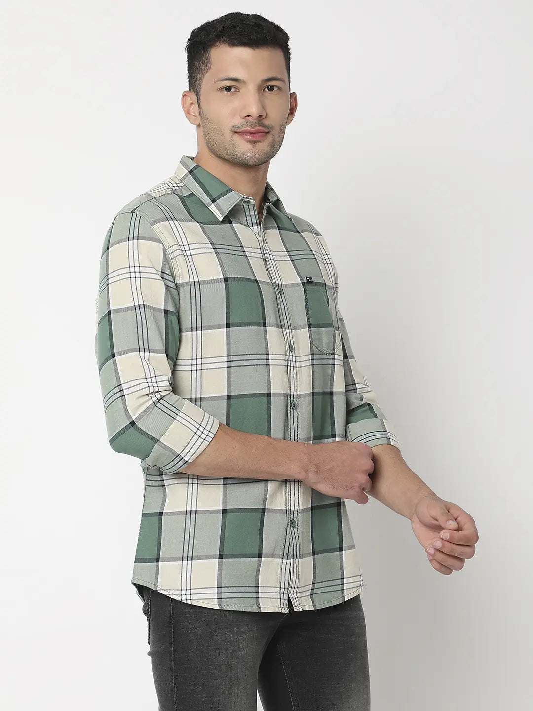 Spykar Men Sage Green Cotton Slim Fit Checkered Shirt