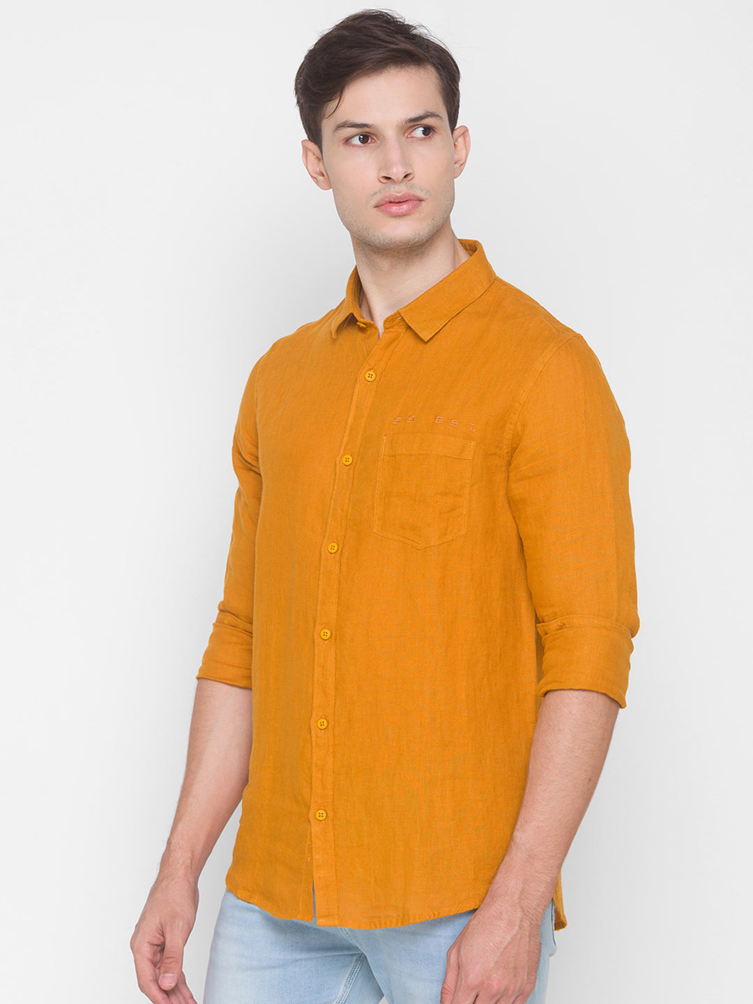 Spykar Slim Fit Yellow Cotton Men Shirt