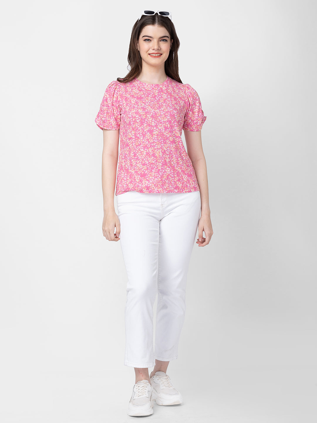 Spykar Women Fuschia Pink Cotton Slim Fit Floral T-Shirts