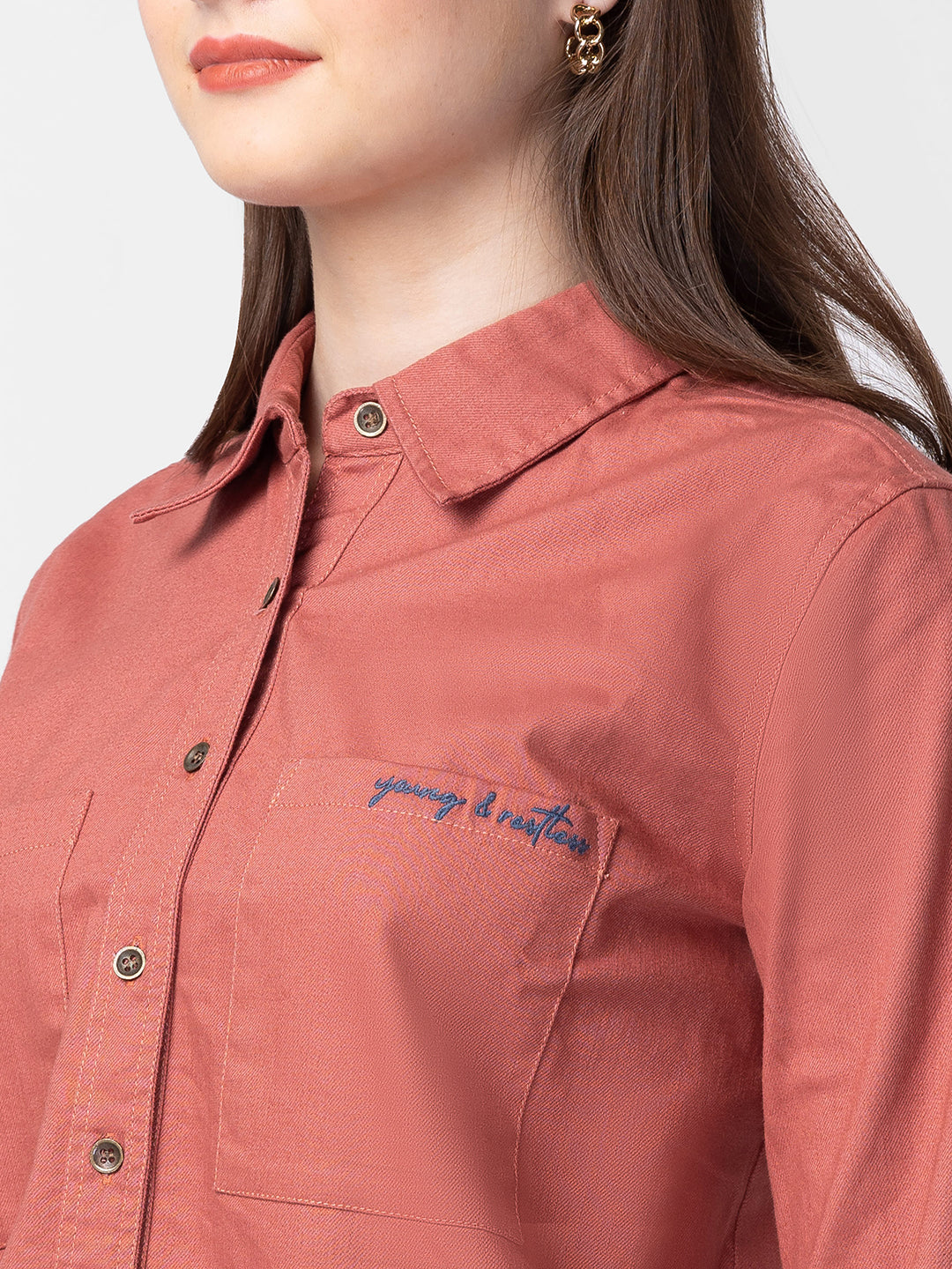 Spykar Women Brick Red Cotton Slim Fit Plain Shirts