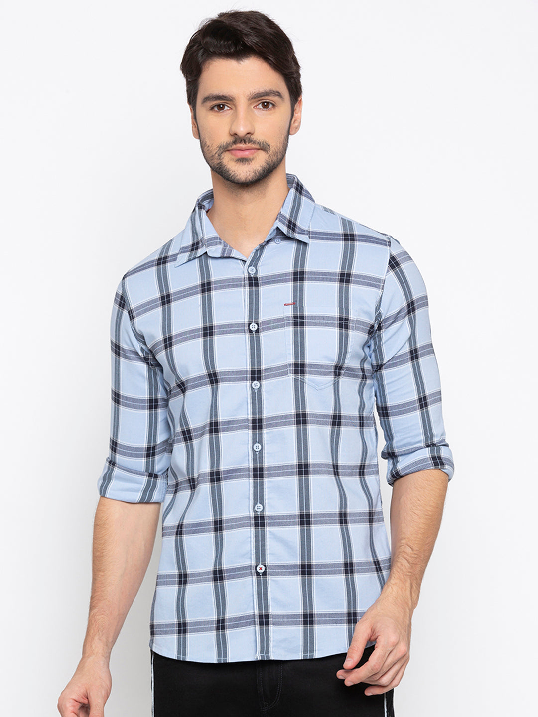 Spykar Men Sky Blue Checked Slim Fit Casual Shirt