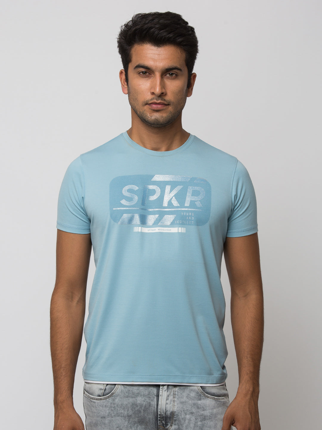 Spykar Men Powder Blue Blended Slim Fit T-Shirt