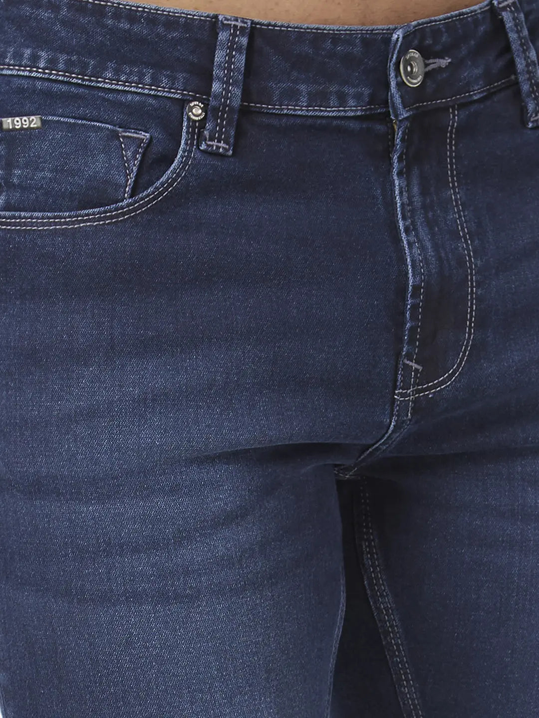 Spykar Men Dark Blue Cotton Stretch Super Slim Fit Tapered Length Clean Look Low Rise Jeans (Super Skinny)