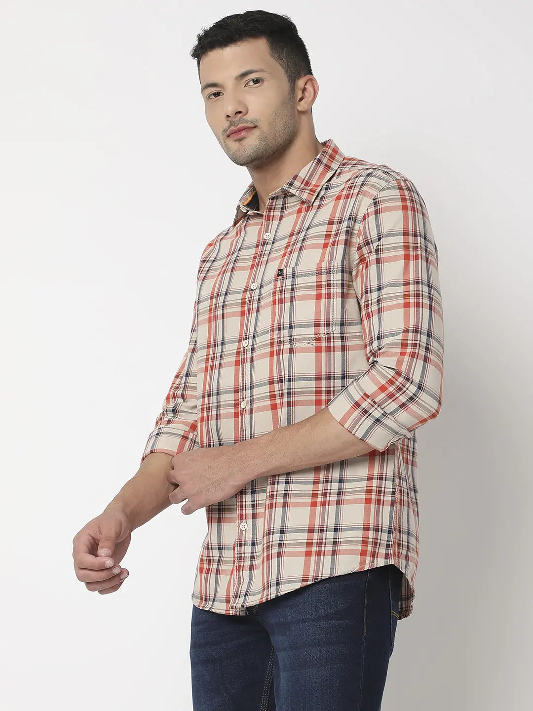 Spykar Men Beige Cotton Slim Fit Checkered Shirt