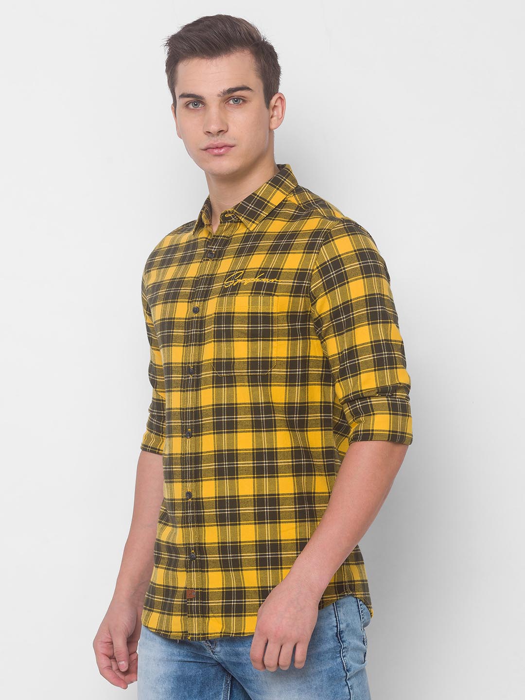 Spykar Men Yellow Cotton Slim Fit Shirt