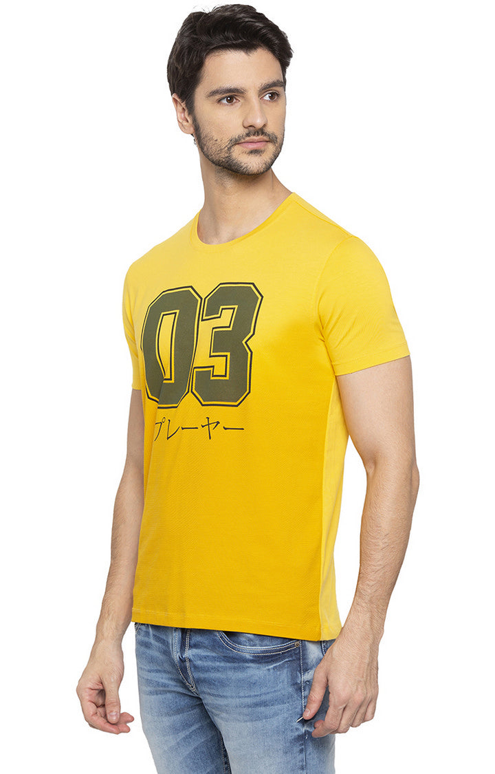 Spykar Men Yellow Cotton Slim Fit Round Neck T-Shirt