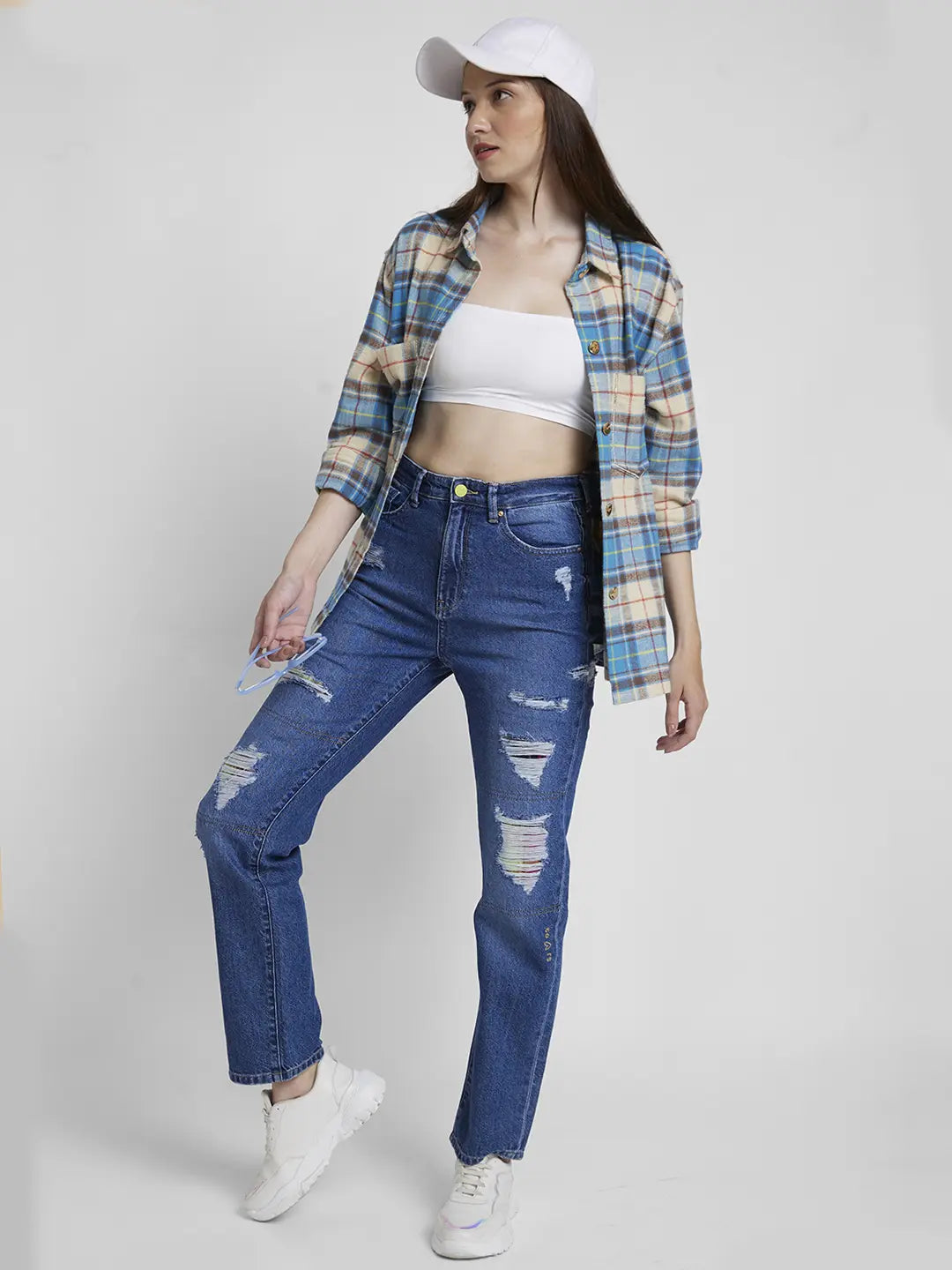 Spykar Women Mid Blue Cotton Straight Fit Regular Length Highly Distressed Jeans -(Bella)