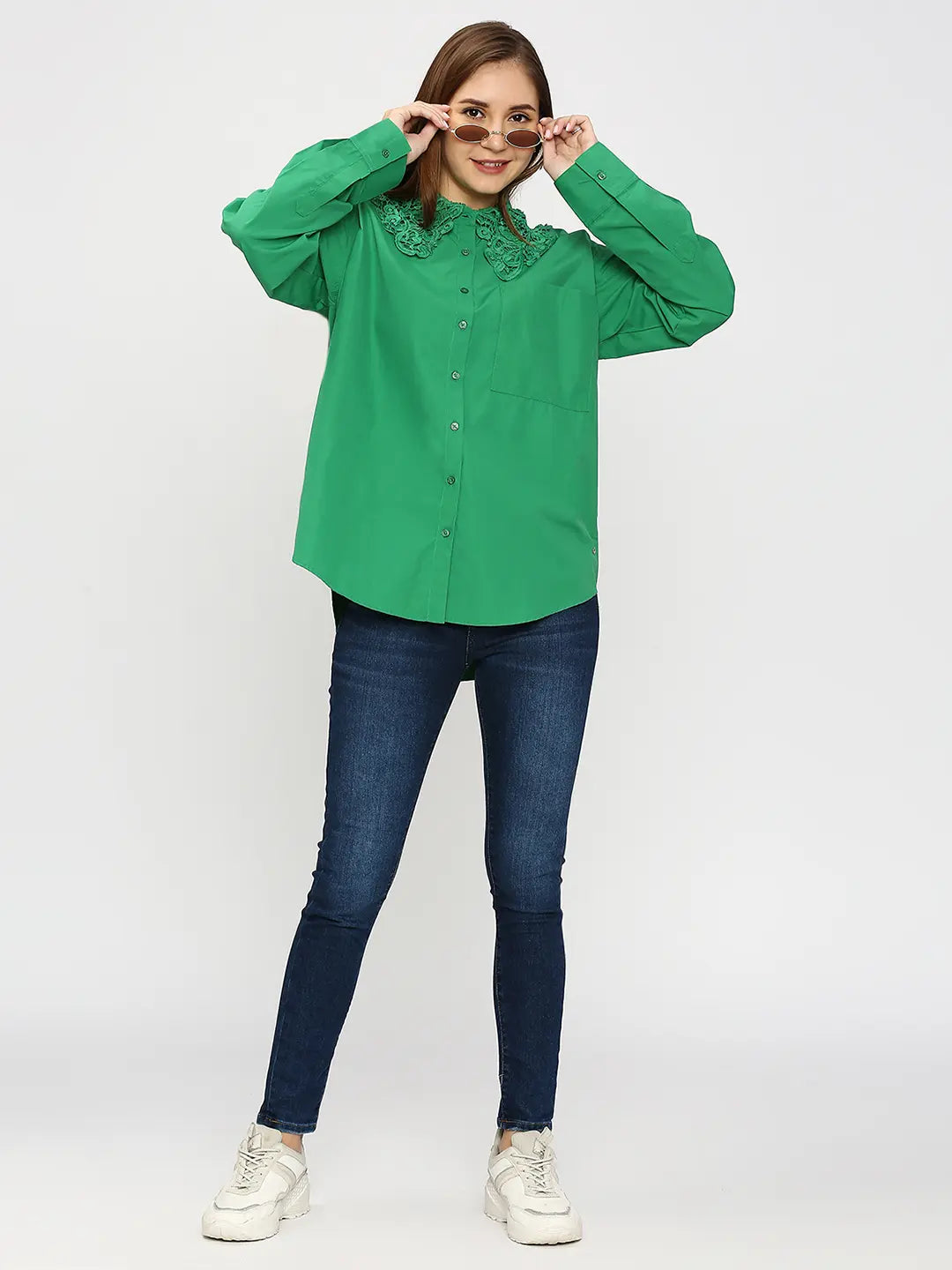 Spykar Women Green Regular Fit Cotton Plain Loose Shirts