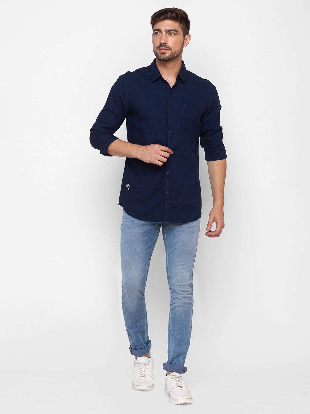 Spykar Navy Blue Cotton Full Sleeve Plain Shirt For Men