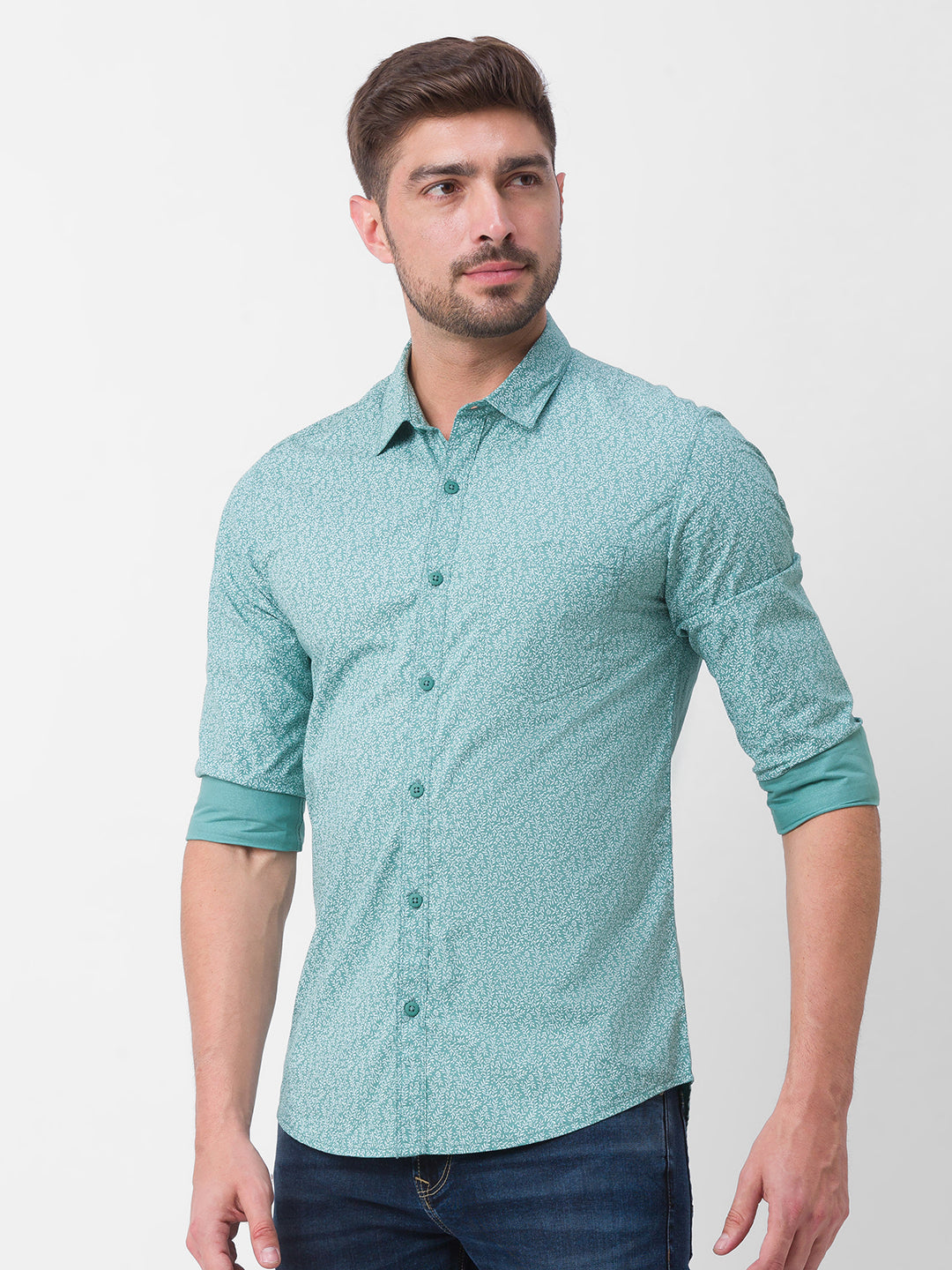 Spykar Sage Green Cotton Full Sleeve Printed Shirt For Men