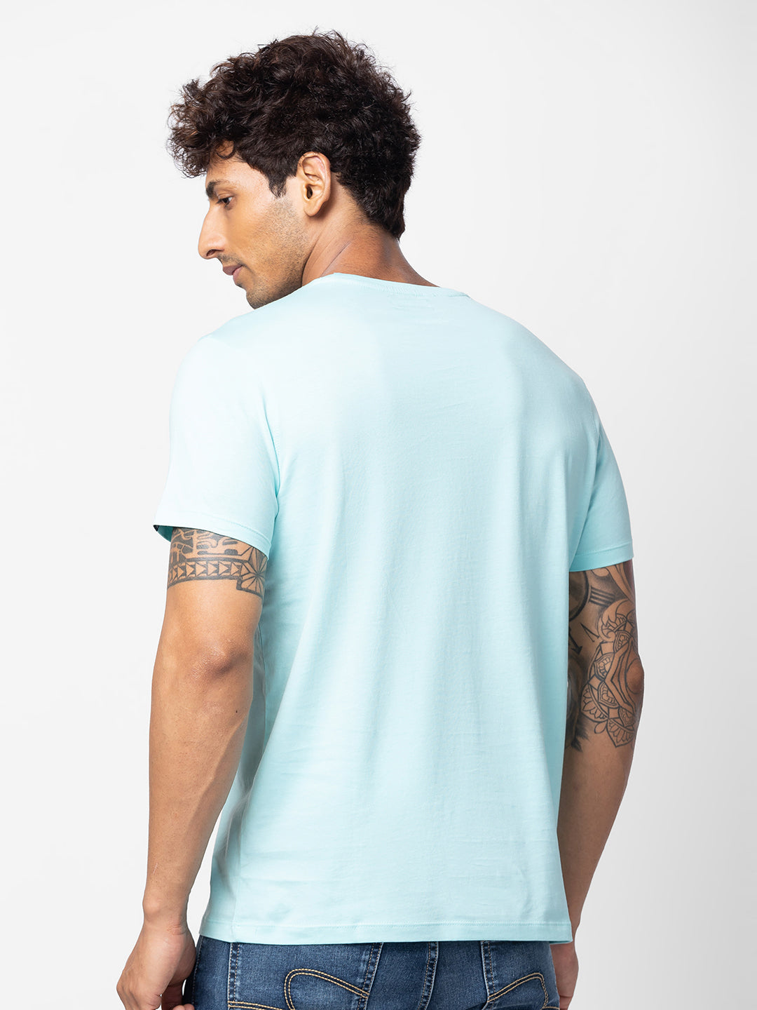 Spykar Men Bleached Aqua Cotton Regular Fit Half Sleeve Printed T-Shirt