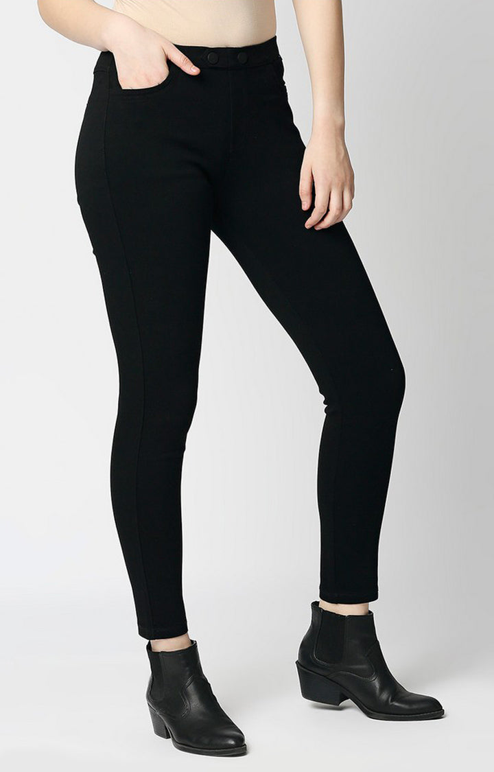 Spykar Women Black Cotton Regular Fit Mid Rise Jeggings