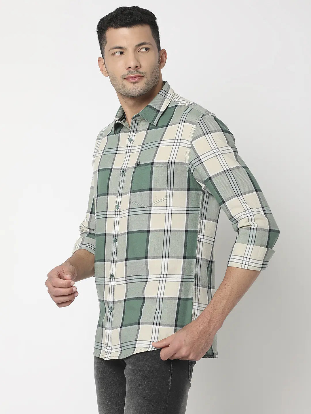 Spykar Men Sage Green Cotton Slim Fit Checkered Shirt