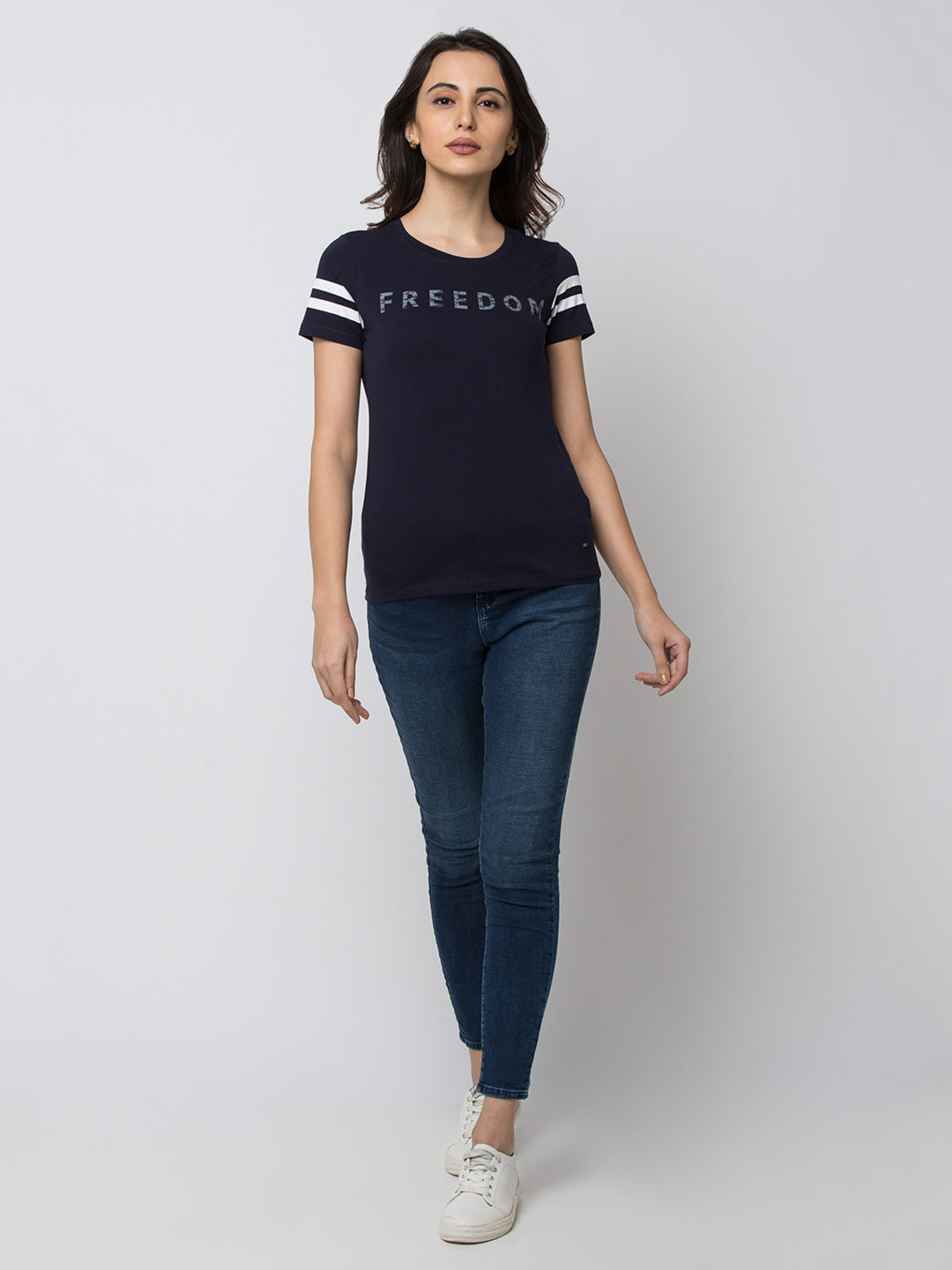 Spykar Women Blue Lycra Regular Round Neck T-Shirt