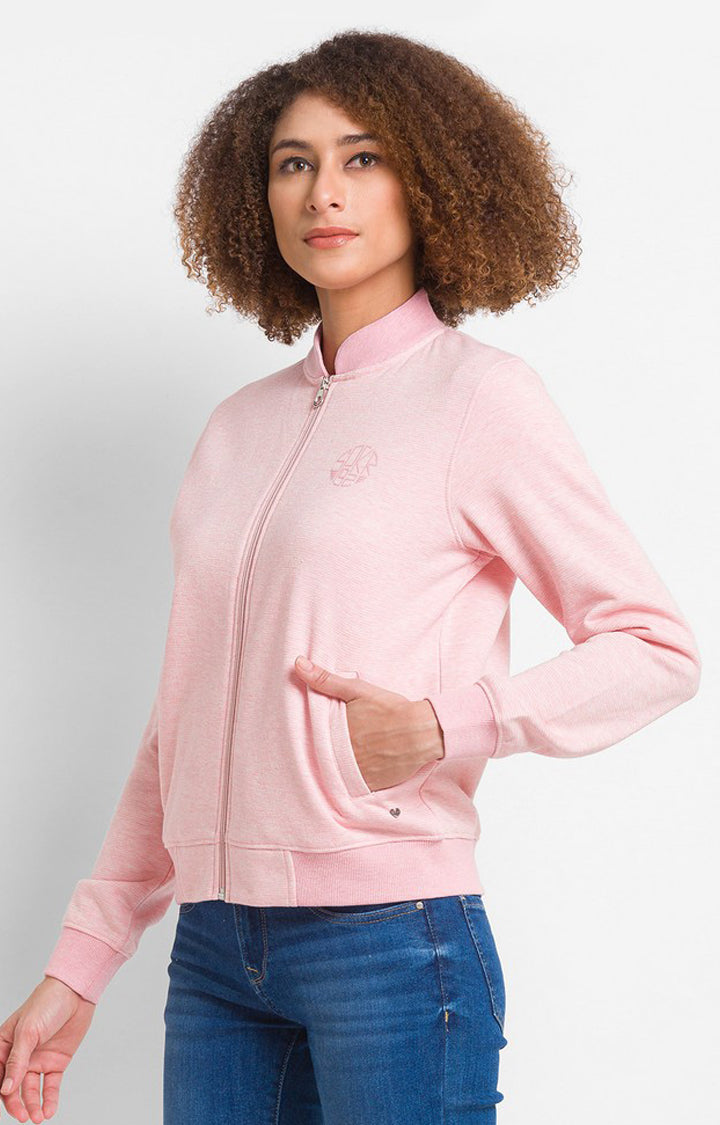 Spykar Powder Pink Cotton Blend Full Sleeve High Neck Sweatshirts For Women