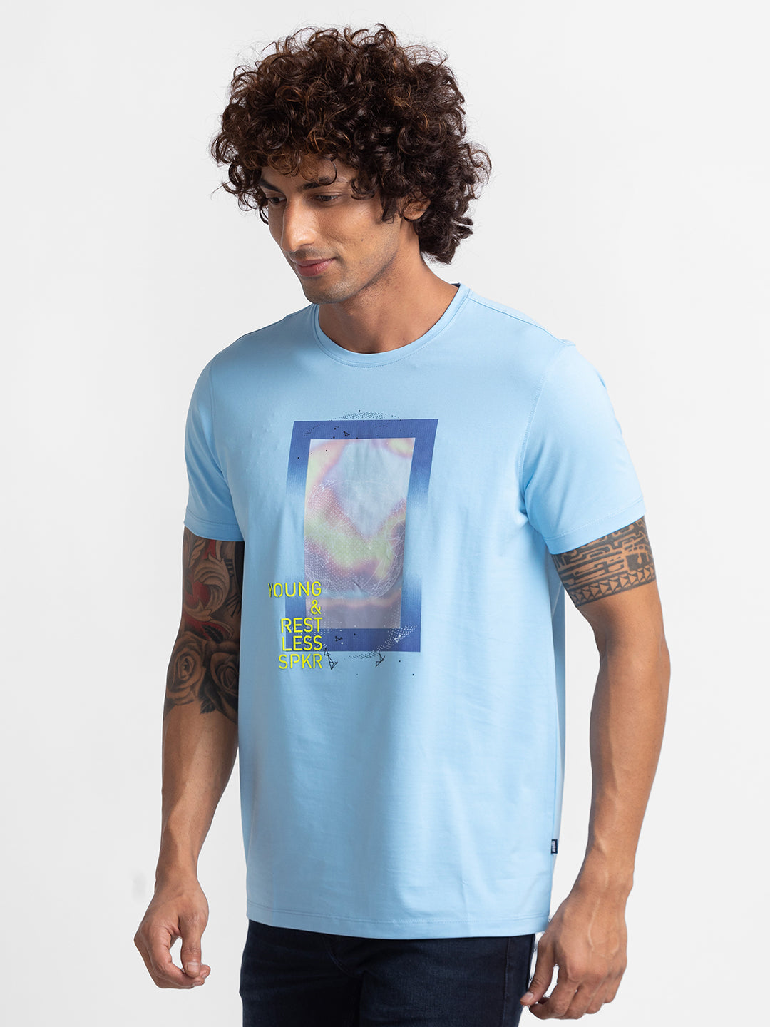 Spykar Powder Blue Cotton Half Sleeve Printed Casual T-Shirt For Men