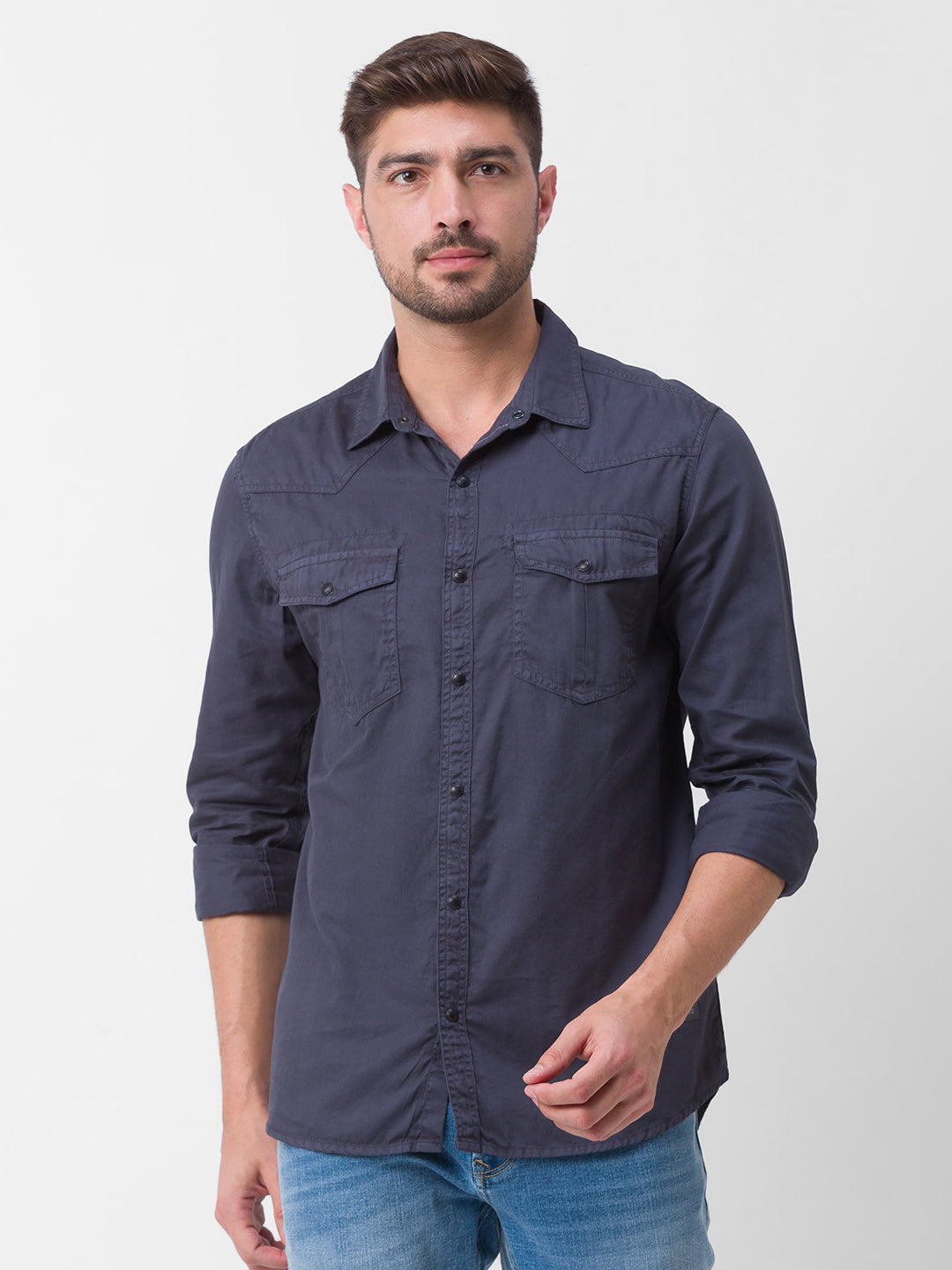 Spykar Charcoal Grey Cotton Full Sleeve Plain Shirt For Men