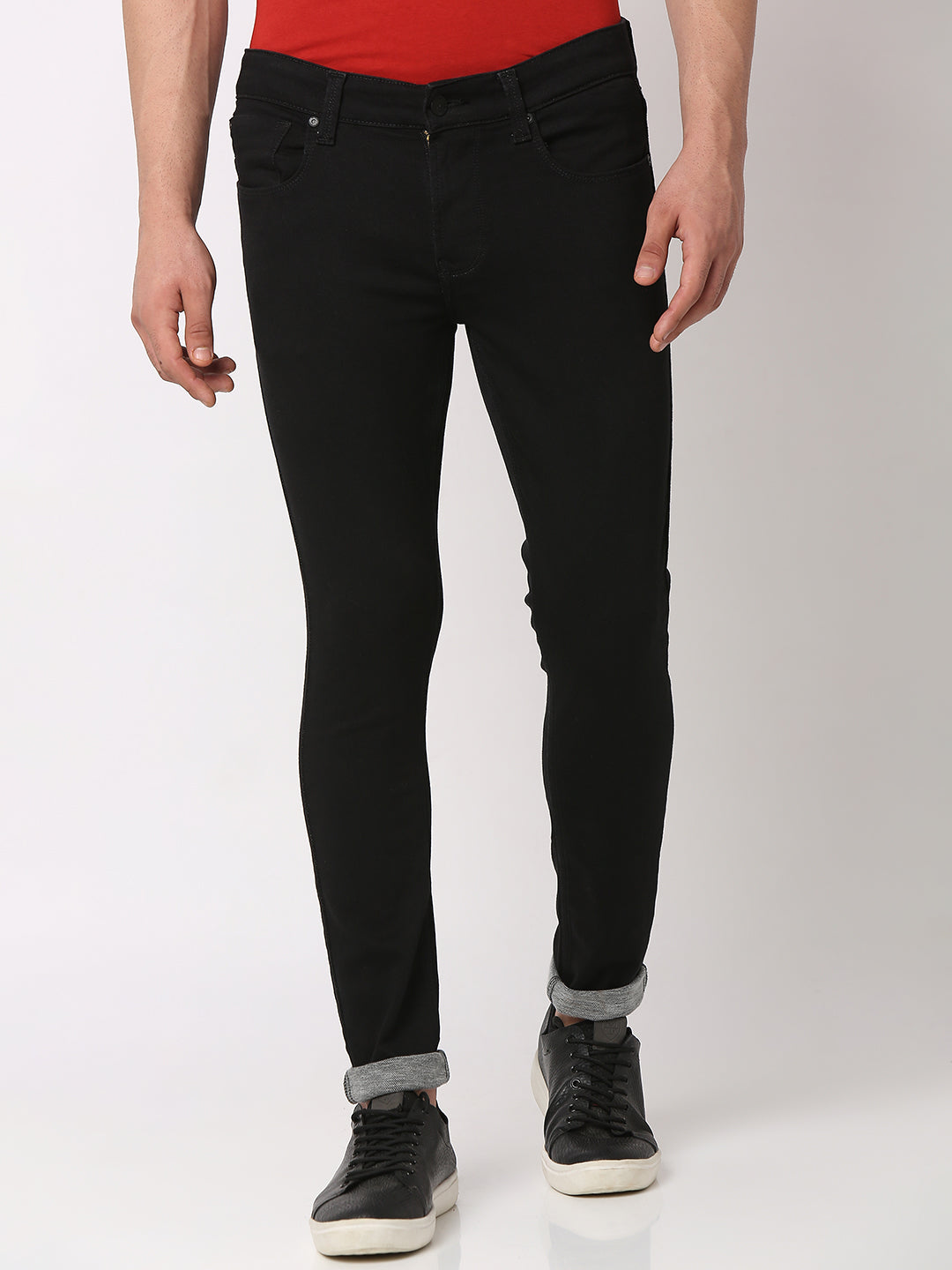 Spykar Men Black Cotton Super Slim Fit Tapered Length Jeans (Super Skinny)