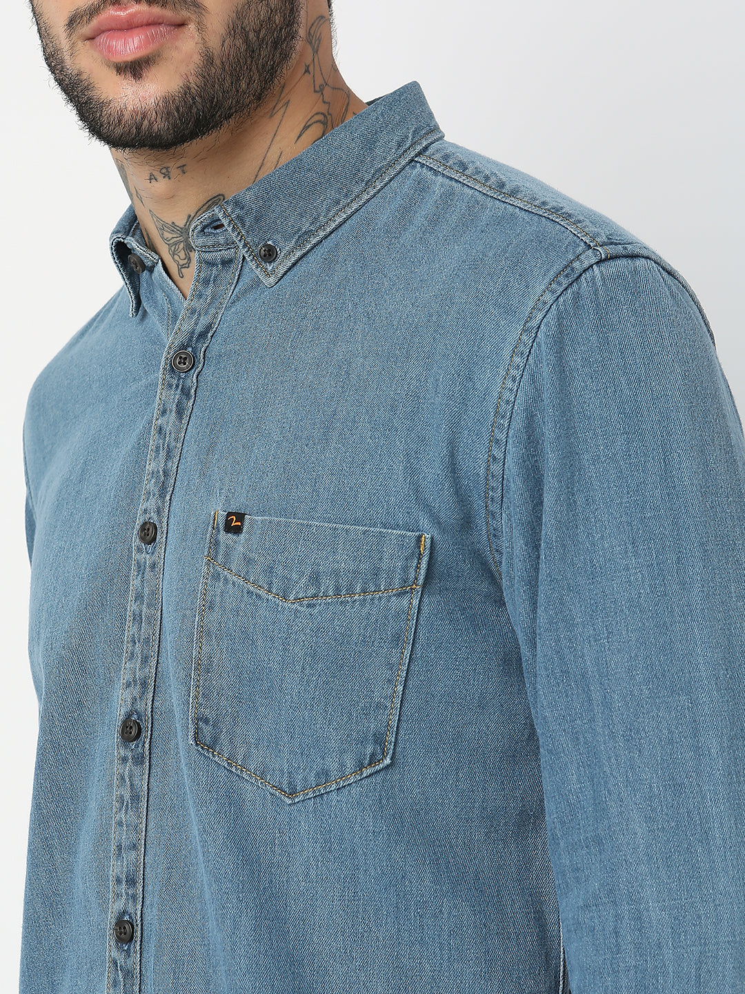 Spykar Men Mid Blue Cotton Slim Fit Denim Shirts