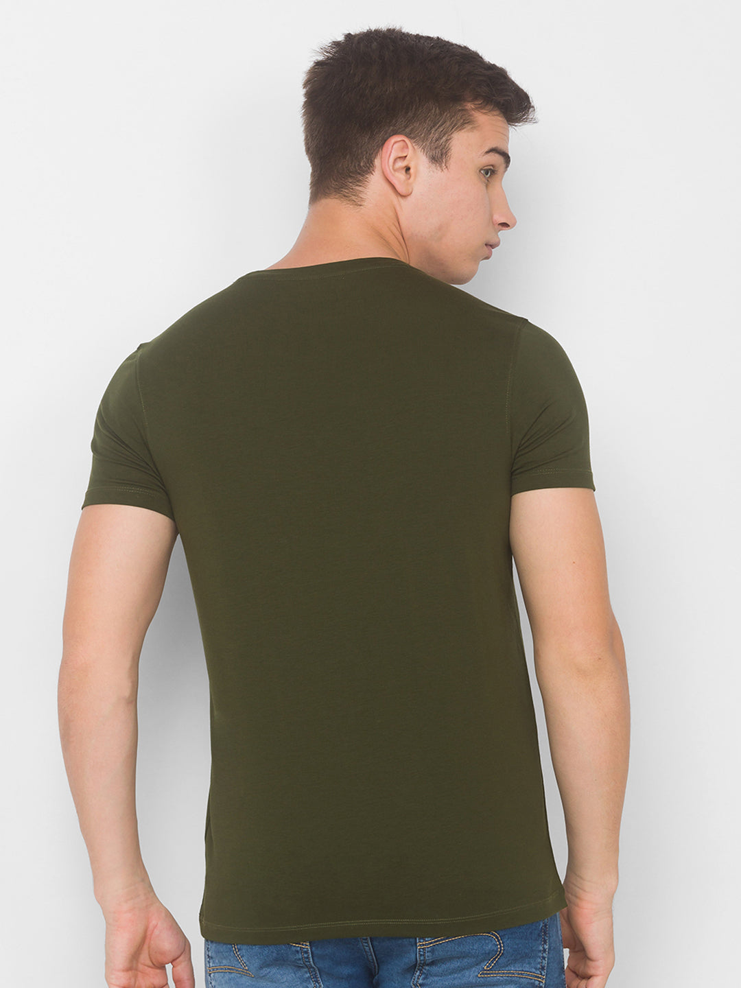 Spykar Men Green Cotton Slim Fit Round Neck T-Shirt