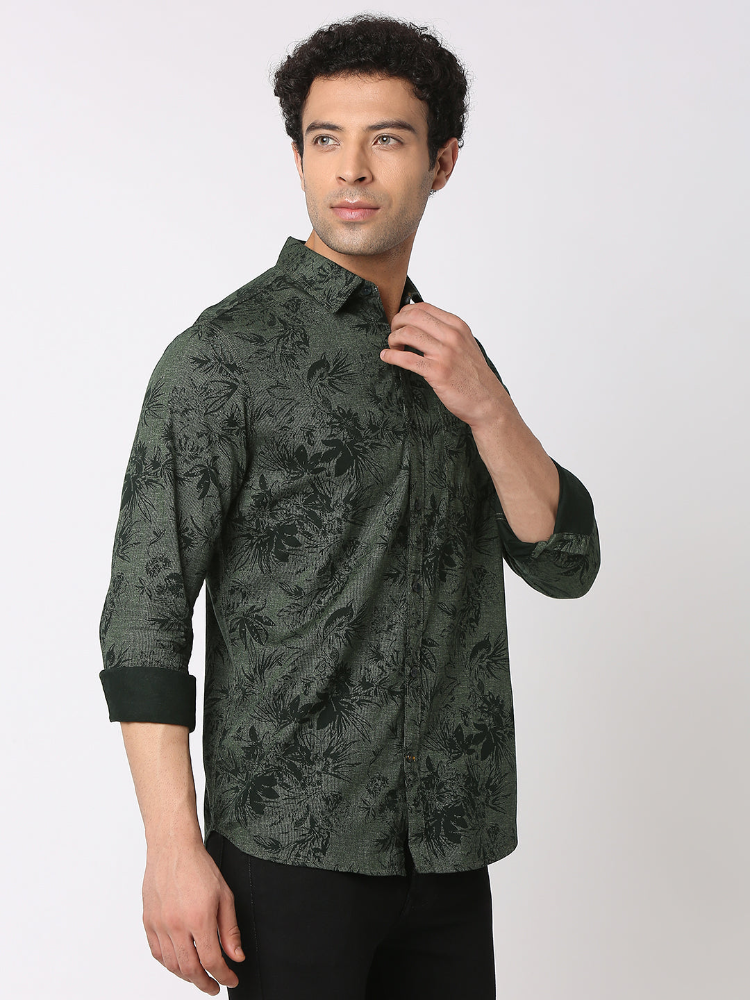 Spykar Men Olive Cotton Slim Fit Printed Shirts