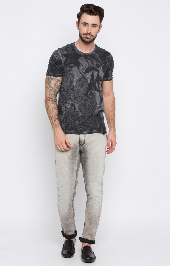 Spykar Grey Printed Slim Fit Men T-Shirts