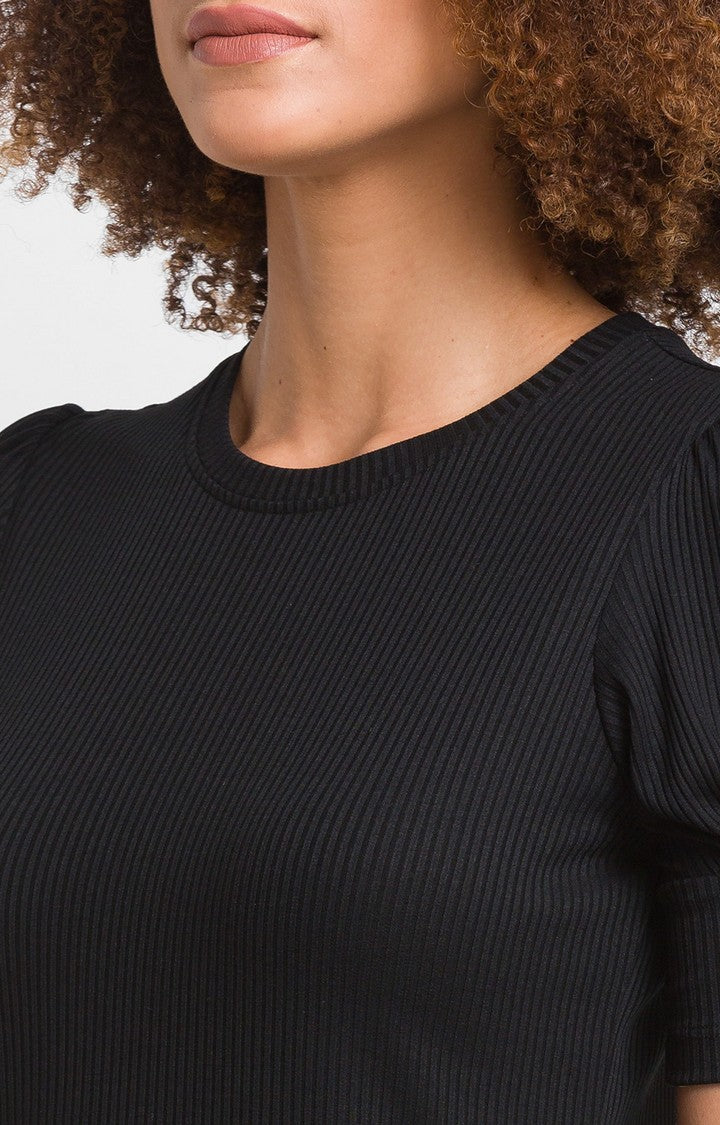 Spykar Black Cotton Blend Three-Fourth Sleeve Plain Casual T-Shirts For Women