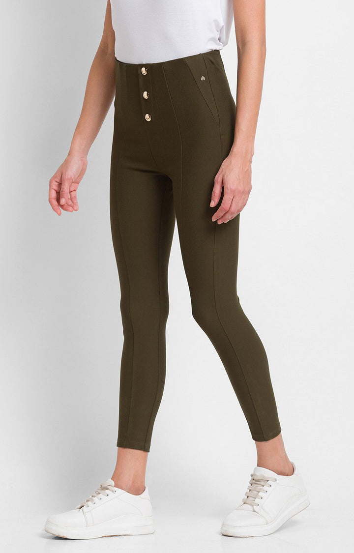 Spykar Olive Green Cotton Regular Fit Trackpant For Women