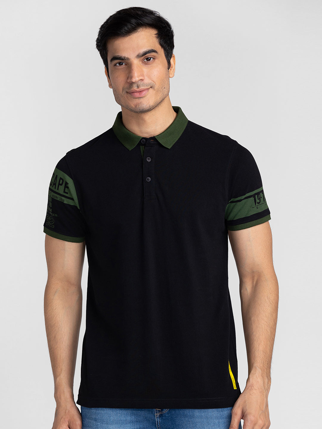 Spykar Men Black Cotton Slim Fit Polo Printed T-Shirt