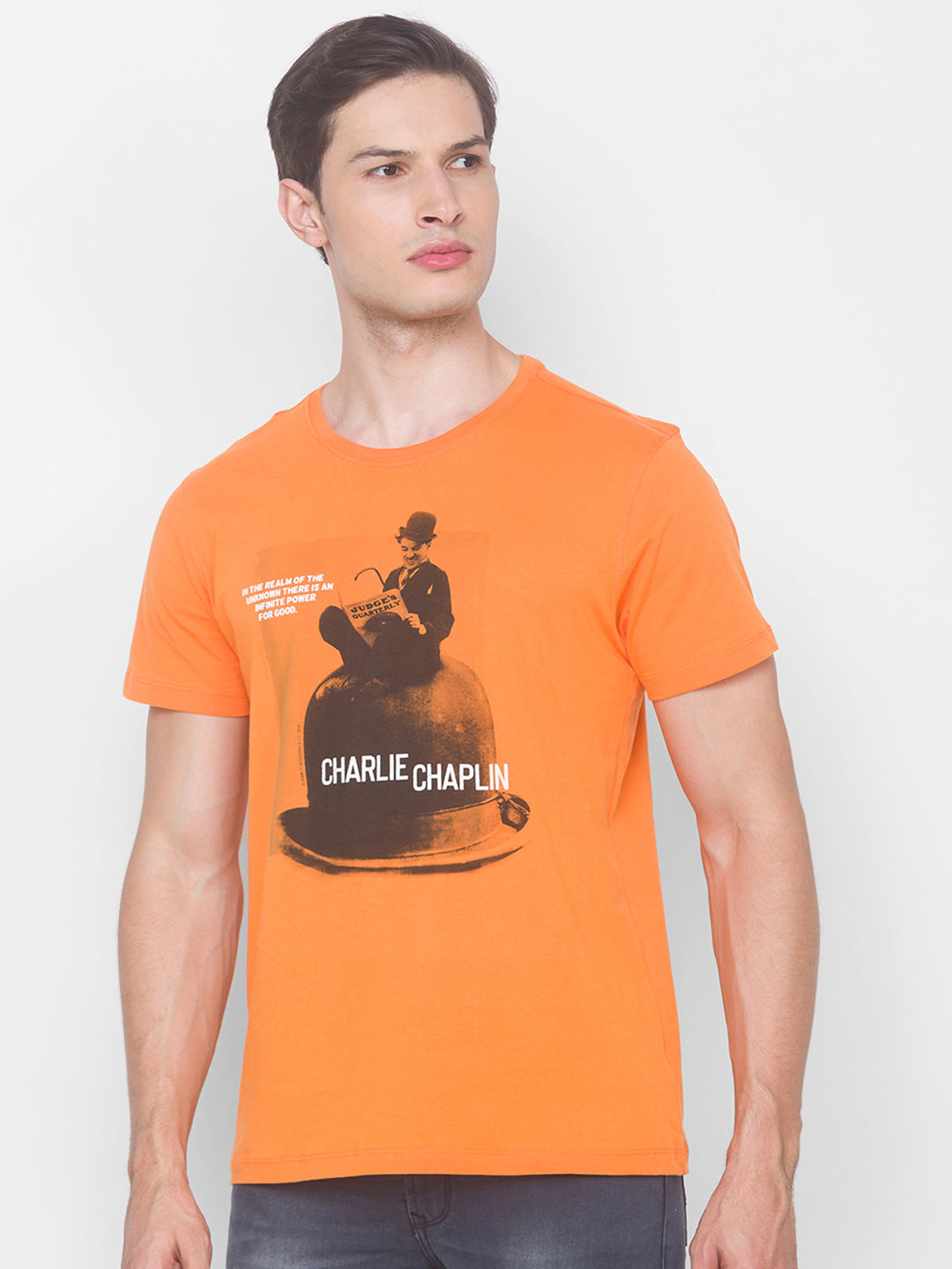 Charlie Chaplin Spykar Men Orange Cotton Slim Fit Round Neck T-Shirt