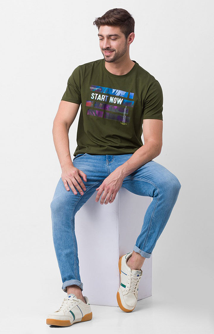 Spykar Rifle Green Cotton Half Sleeve Printed Casual T-Shirt For Men