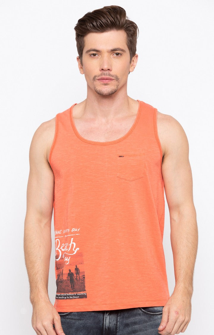 Spykar Orange Printed Slim Fit Men T-Shirts