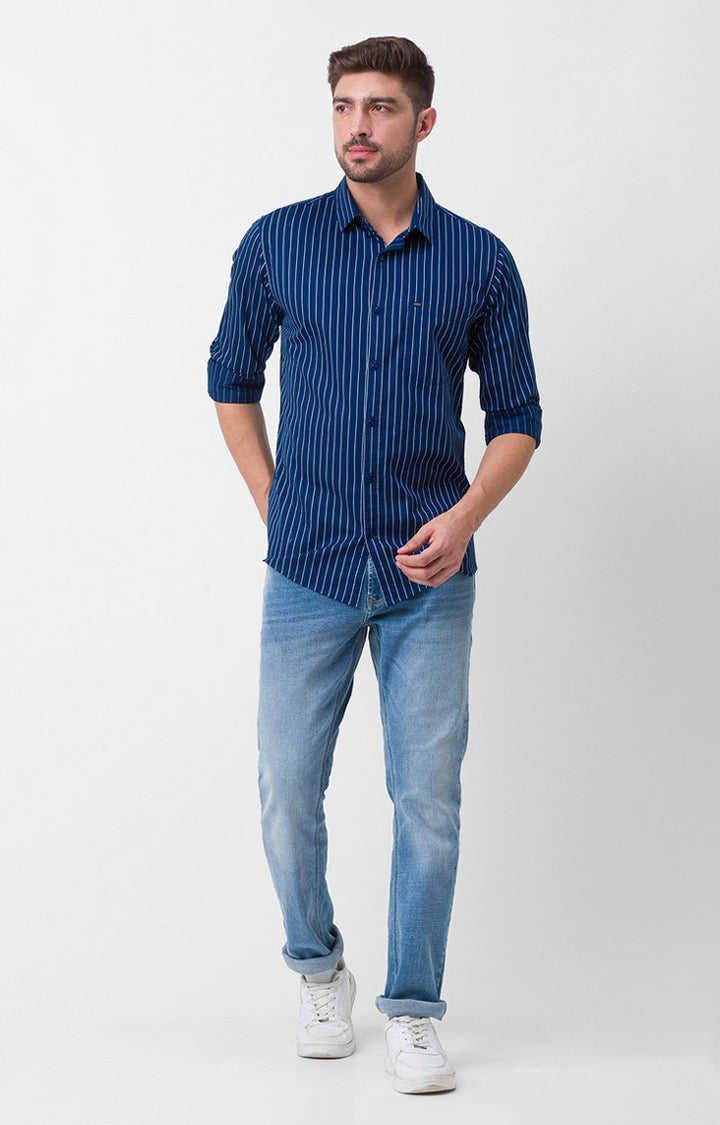 Spykar Ink Blue Cotton Full Sleeve Stripes Shirt For Men