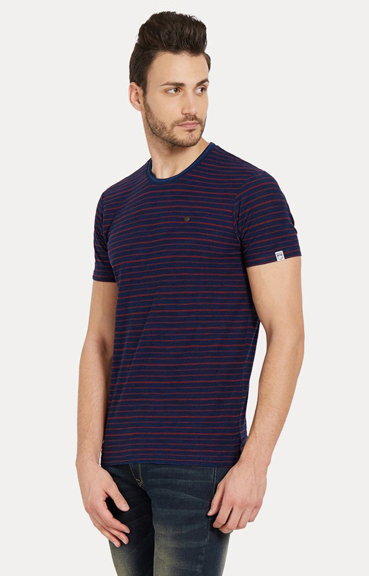 Spykar Blue and Red Striped Slim Fit Men T-Shirts