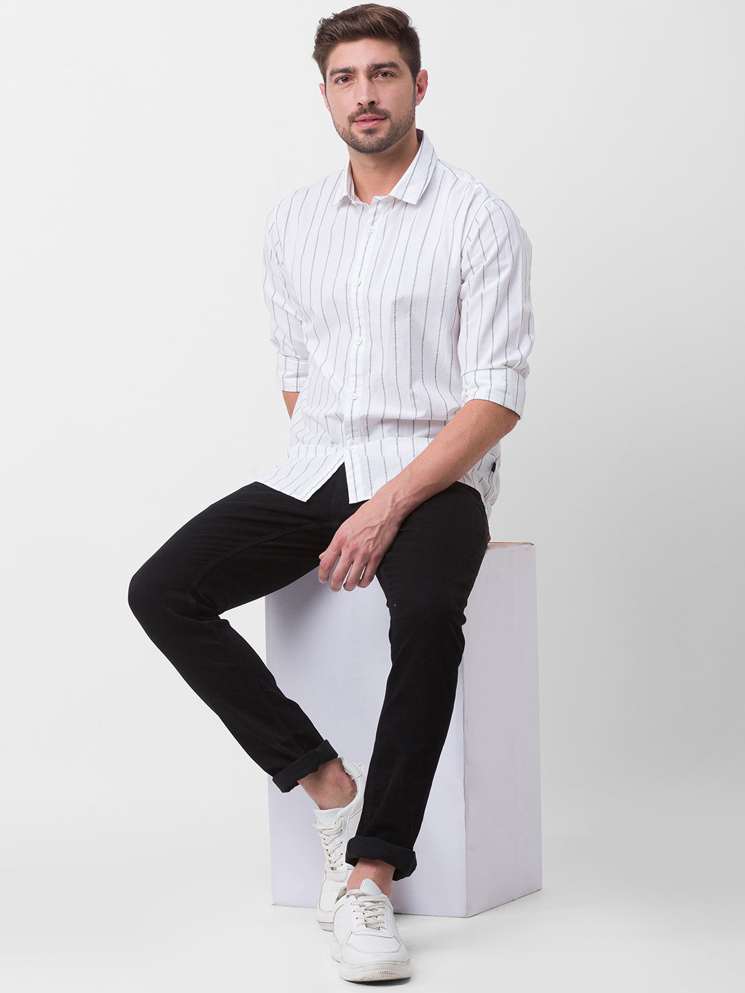 Spykar White Cotton Full Sleeve Stripes Shirt For Men