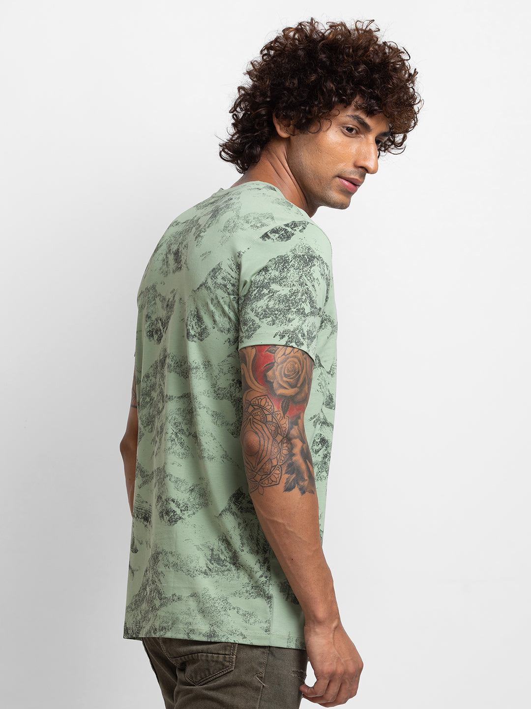 Spykar Dusty Pista Green Cotton Half Sleeve Printed Casual T-Shirt For Men