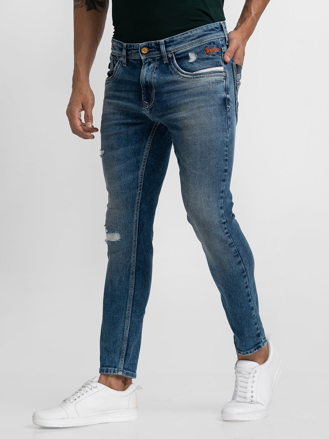 Spykar Vintage Blue Cotton Slim Fit Tapered Length Jeans For Men (Kano)