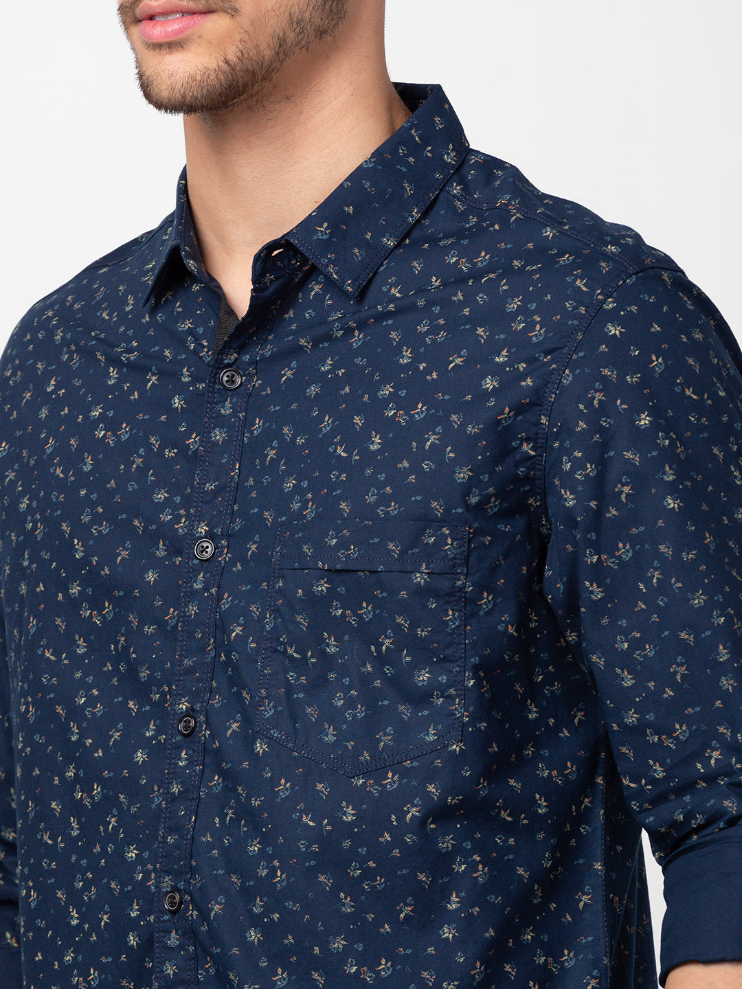 Spykar Men Navy Blue Cotton Slim Fit Printed Shirt