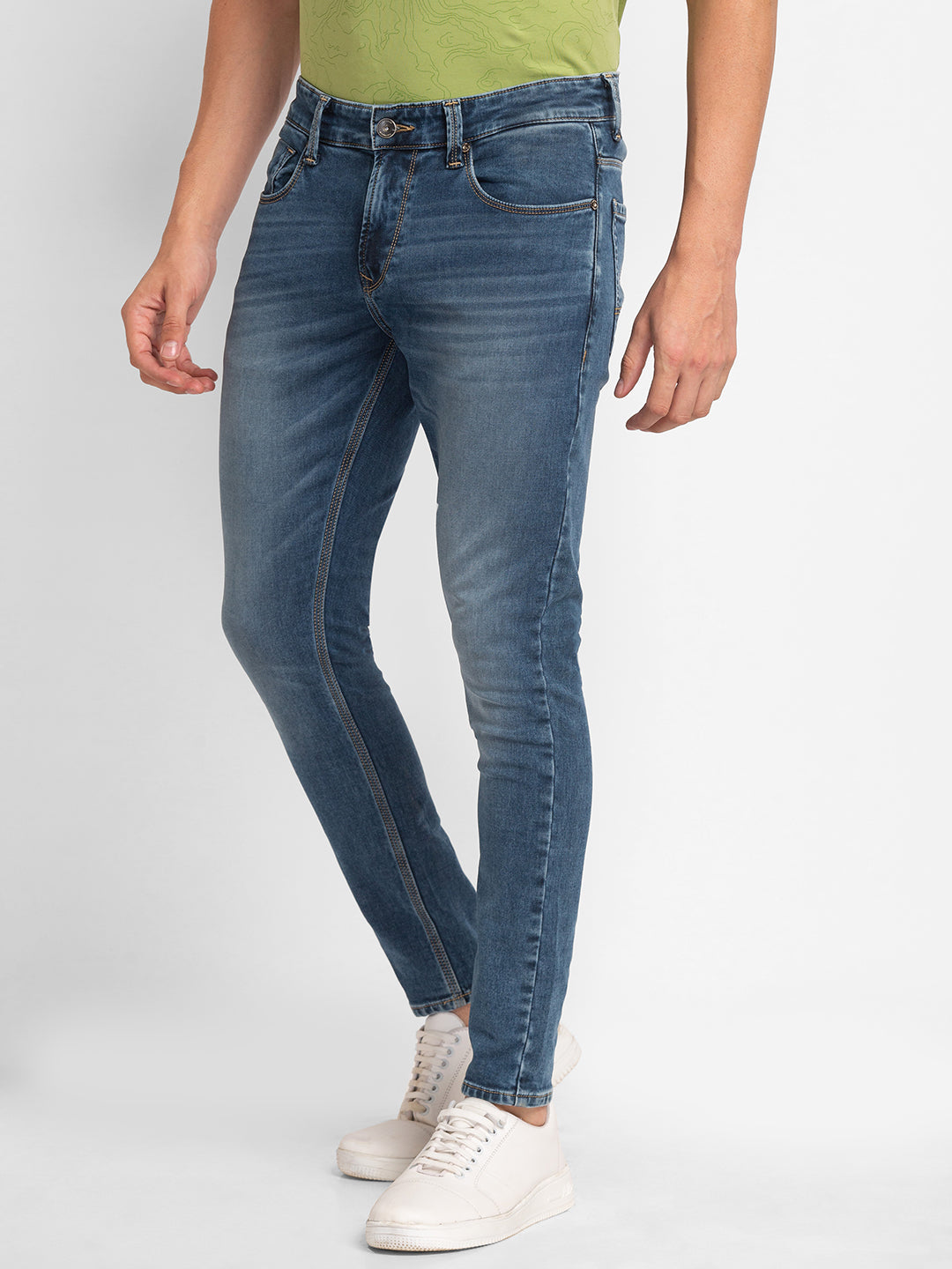 Spykar Mid Blue Cotton Slim Fit Tapered Length Jeans For Men (Kano)