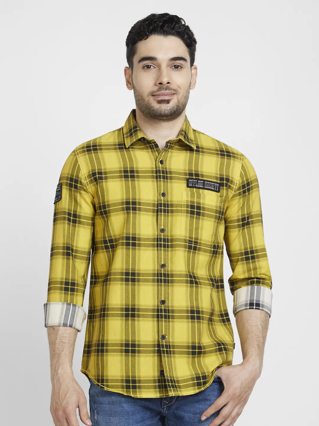 Spykar Men Sulphur Yellow Cotton Regular Slim Fit Full Sleeve Checkered Shirt