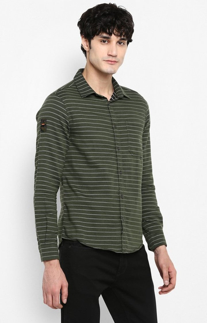 Spykar Men'S Green Cotton Striped Casual Shirts