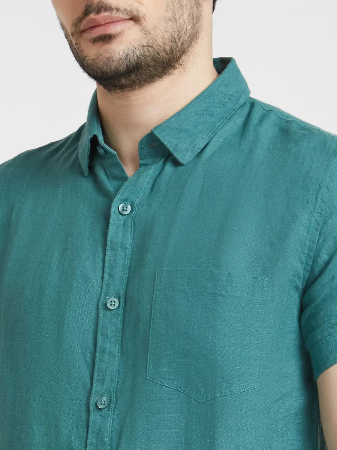 Spykar Men Atlantic Green Linen Regular Slim Fit Half Sleeve Plain Shirt