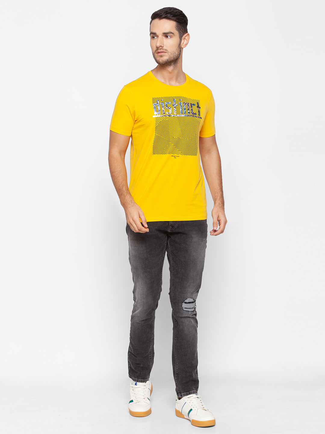 Spykar Men Yellow Cotton Slim Fit Round Neck T-Shirt